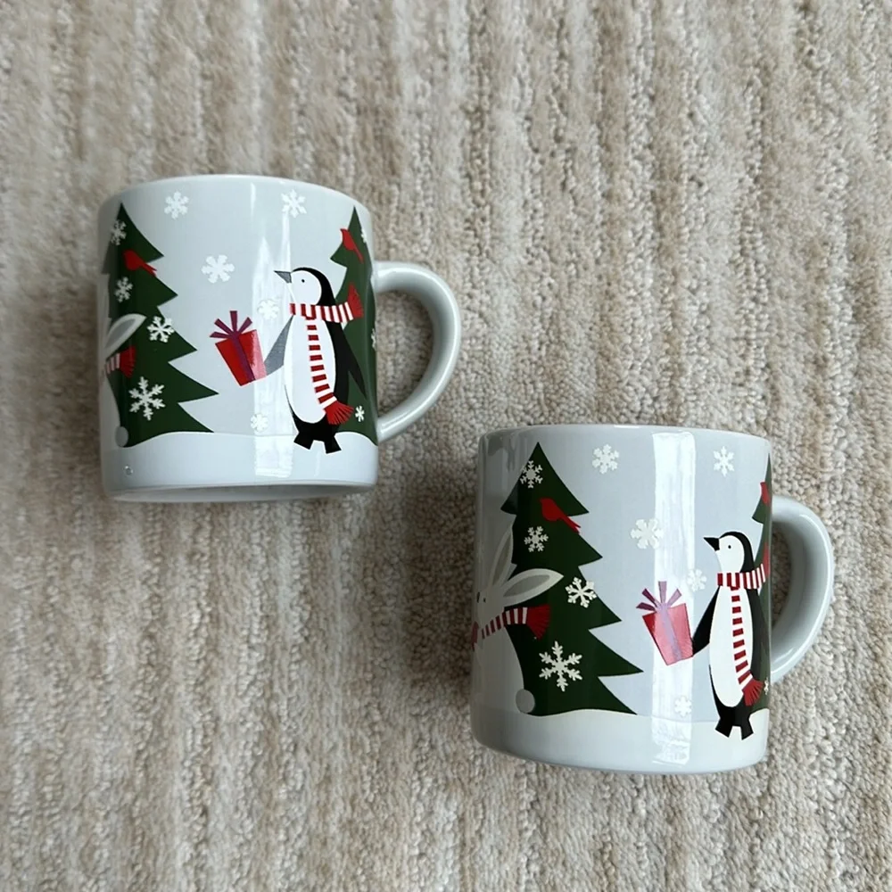 2 Crate & Barrel-Joan Anderson-Jolly Trio Child's Mug Christmas Trees/Rabbit/Fox